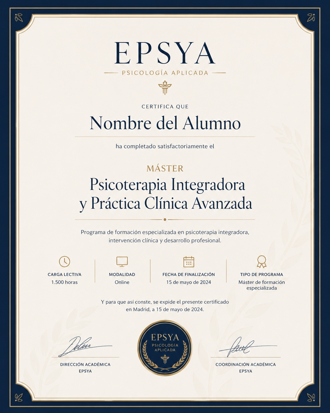 Ejemplo visual del Certificado EPSYA de formación profesional especializada